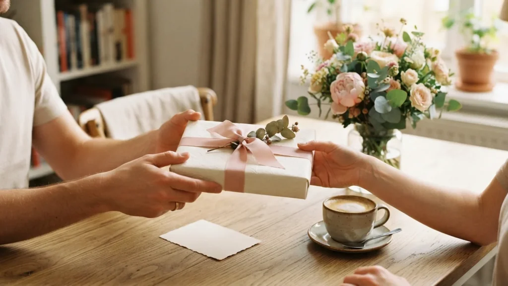 Handen geven een cadeau met een roze strik aan tafel